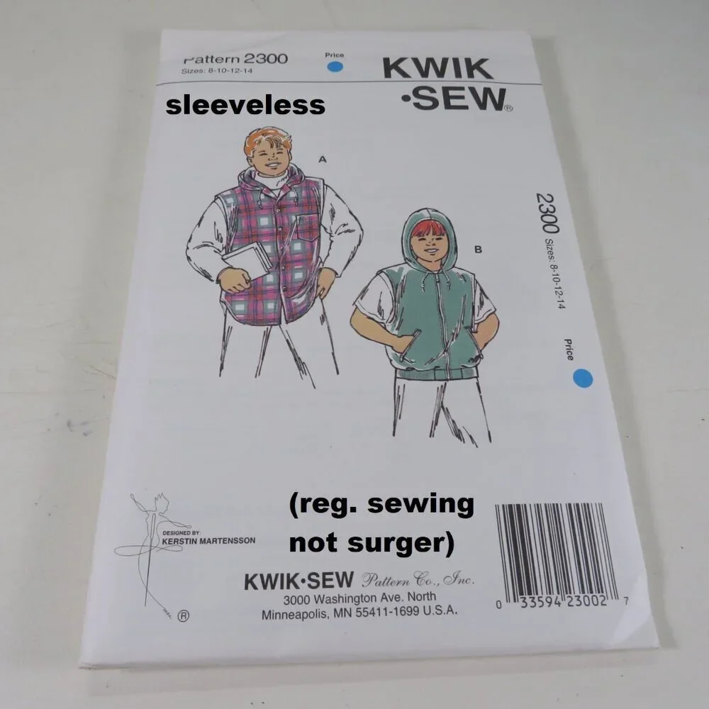 Kwik Sew 2300 Kids Sweatshirt Jacket w Hood NO sleeves UNCUT clothing pattern